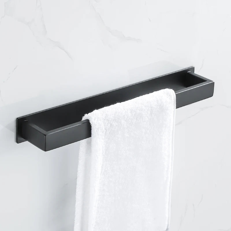 Sleek Towel Bar in matte black stainless steel, no-drill adhesive mount