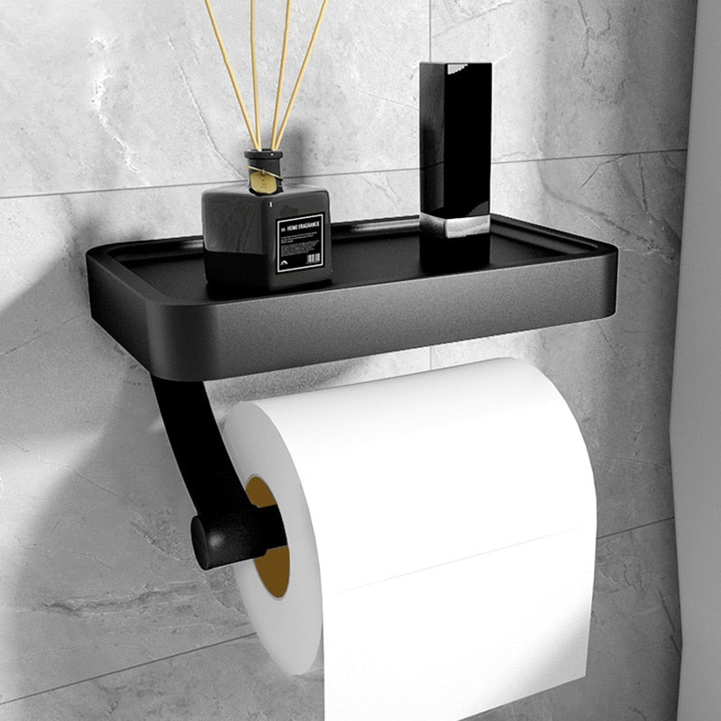 MODERN SLEEK BATHROOM Shelf and Double Toilet Roll Holder Black Metal Wc  Loo Lavatory Toilet Roll Holder 